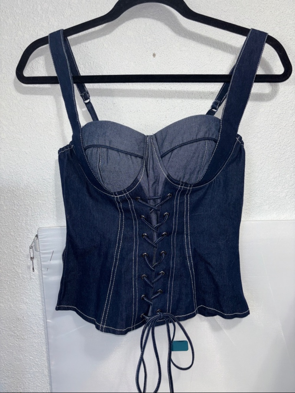 SOLUTION Sexy Stretch Denim Top Lace Up Corset Size S